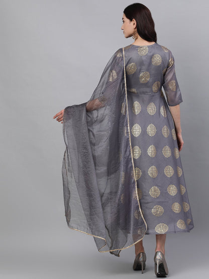 Women Grey Ethnic Motifs Printed Tie-Up Neck Cotton Maxi Dress With Dupatta | LASVINI - Redefining Indian Fashion with Elegance