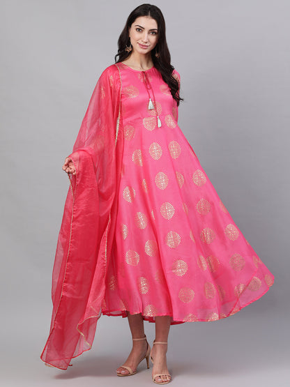 Women Pink Ethnic Motifs Printed Tie-Up Neck Cotton Maxi Dress With Dupatta | LASVINI - Redefining Indian Fashion with Elegance