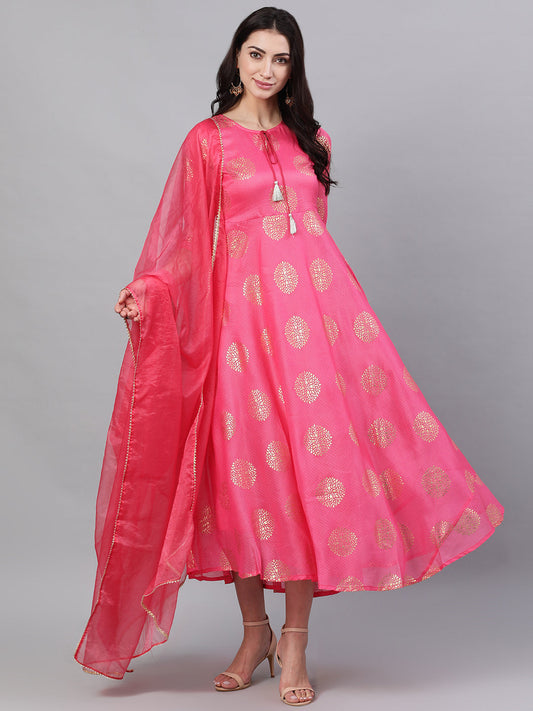 Women Pink Ethnic Motifs Printed Tie-Up Neck Cotton Maxi Dress With Dupatta | LASVINI - Redefining Indian Fashion with Elegance