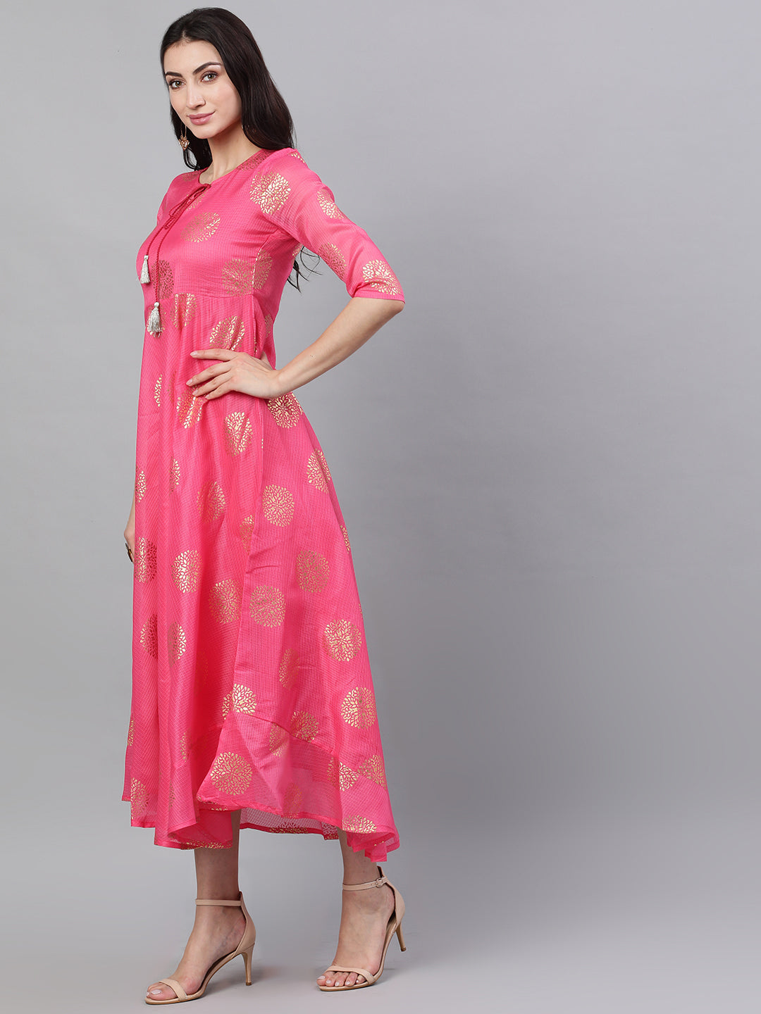 Women Pink Ethnic Motifs Printed Tie-Up Neck Cotton Maxi Dress With Dupatta | LASVINI - Redefining Indian Fashion with Elegance