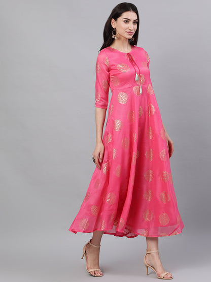 Women Pink Ethnic Motifs Printed Tie-Up Neck Cotton Maxi Dress With Dupatta | LASVINI - Redefining Indian Fashion with Elegance