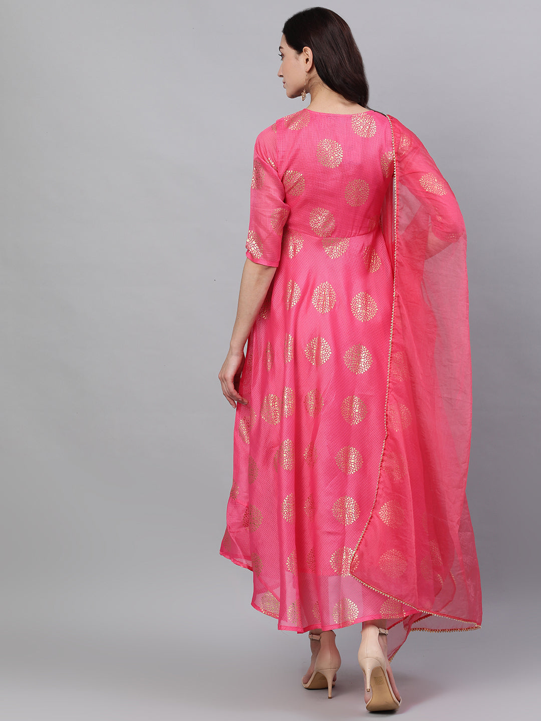 Women Pink Ethnic Motifs Printed Tie-Up Neck Cotton Maxi Dress With Dupatta | LASVINI - Redefining Indian Fashion with Elegance