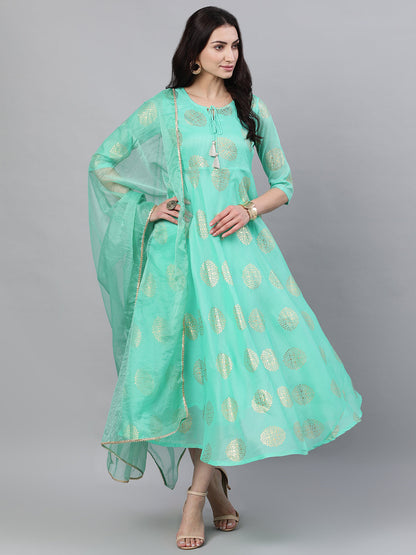Women Green Ethnic Motifs Printed Tie-Up Neck Cotton Maxi Dress With Dupatta | LASVINI - Redefining Indian Fashion with Elegance