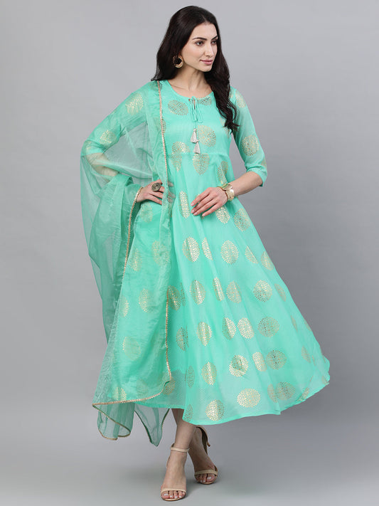 Women Green Ethnic Motifs Printed Tie-Up Neck Cotton Maxi Dress With Dupatta | LASVINI - Redefining Indian Fashion with Elegance