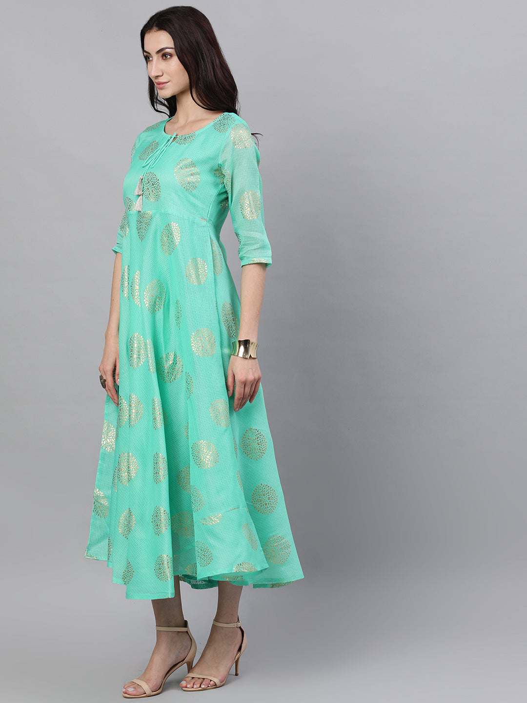 Women Green Ethnic Motifs Printed Tie-Up Neck Cotton Maxi Dress With Dupatta | LASVINI - Redefining Indian Fashion with Elegance