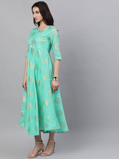 Women Green Ethnic Motifs Printed Tie-Up Neck Cotton Maxi Dress With Dupatta | LASVINI - Redefining Indian Fashion with Elegance