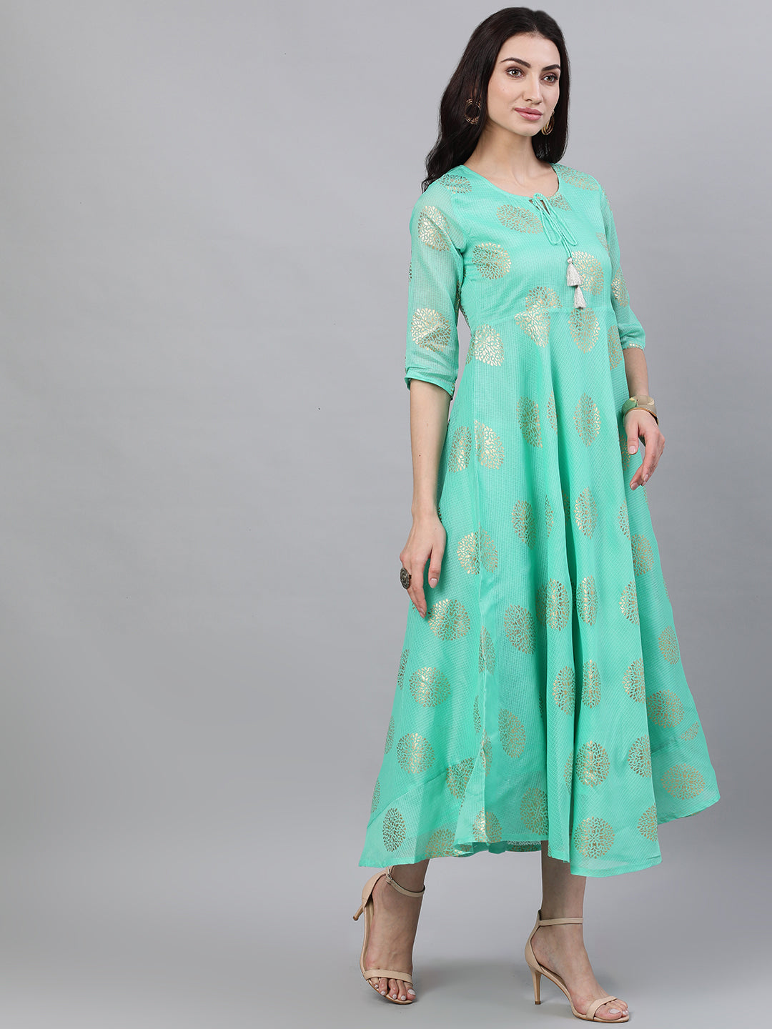 Women Green Ethnic Motifs Printed Tie-Up Neck Cotton Maxi Dress With Dupatta | LASVINI - Redefining Indian Fashion with Elegance