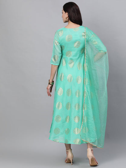Women Green Ethnic Motifs Printed Tie-Up Neck Cotton Maxi Dress With Dupatta | LASVINI - Redefining Indian Fashion with Elegance