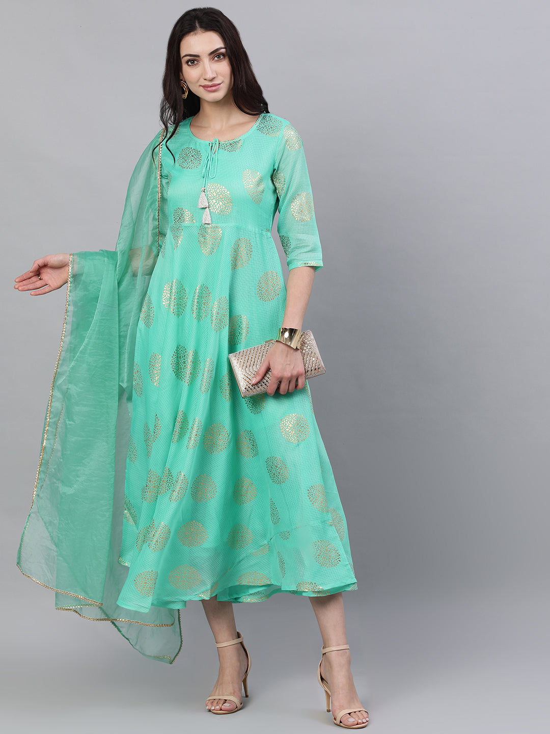 Women Green Ethnic Motifs Printed Tie-Up Neck Cotton Maxi Dress With Dupatta | LASVINI - Redefining Indian Fashion with Elegance