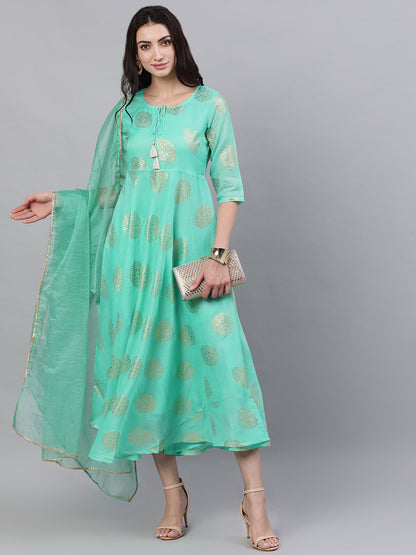 Women Green Ethnic Motifs Printed Tie-Up Neck Cotton Maxi Dress With Dupatta | LASVINI - Redefining Indian Fashion with Elegance
