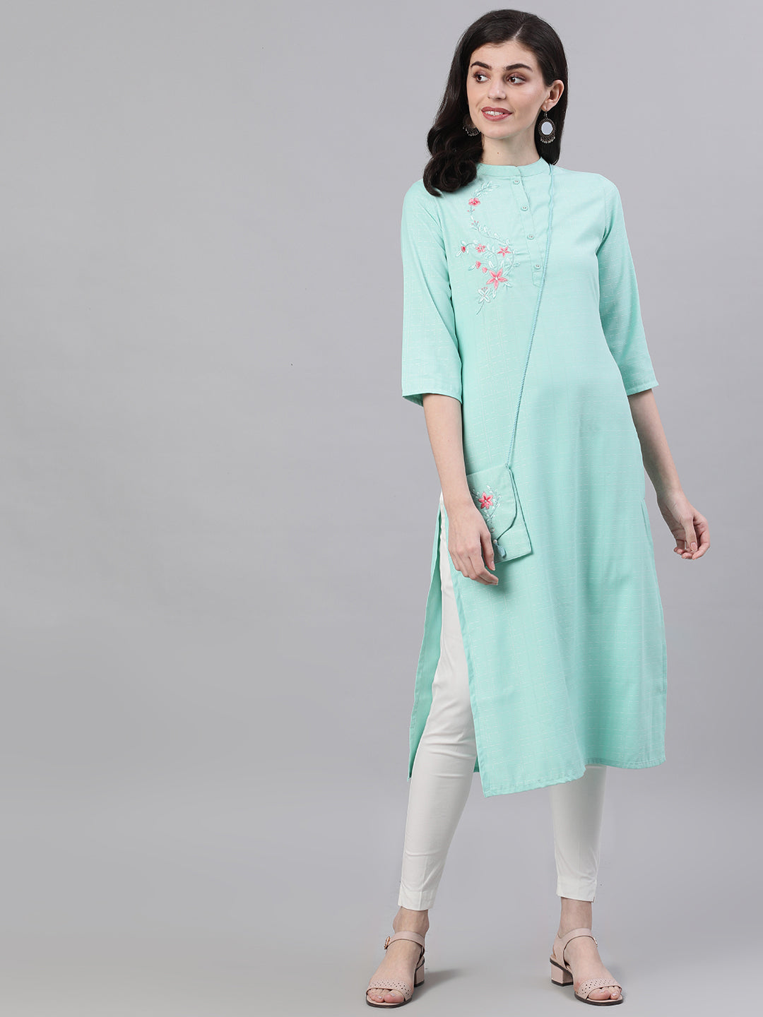 Women Light Blue Calf Length Three-Quarter Sleeves Straight Abstract Embroidered Viscose Rayon Kurta | LASVINI - Redefining Indian Fashion with Elegance