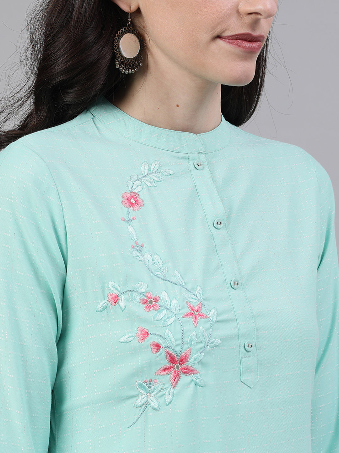 Women Light Blue Calf Length Three-Quarter Sleeves Straight Abstract Embroidered Viscose Rayon Kurta | LASVINI - Redefining Indian Fashion with Elegance