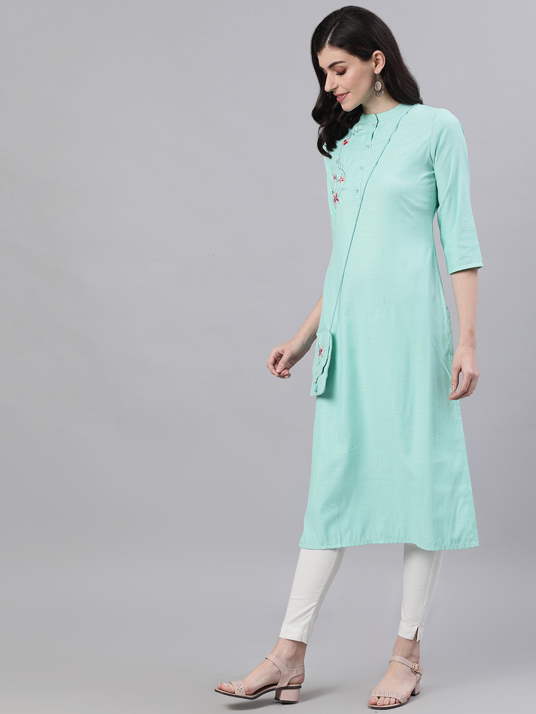 Women Light Blue Calf Length Three-Quarter Sleeves Straight Abstract Embroidered Viscose Rayon Kurta | LASVINI - Redefining Indian Fashion with Elegance