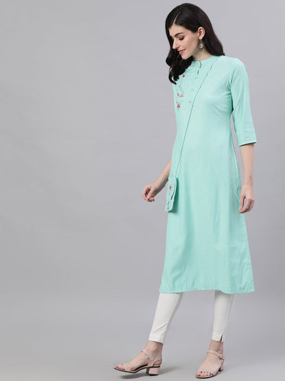 Women Light Blue Calf Length Three-Quarter Sleeves Straight Abstract Embroidered Viscose Rayon Kurta | LASVINI - Redefining Indian Fashion with Elegance