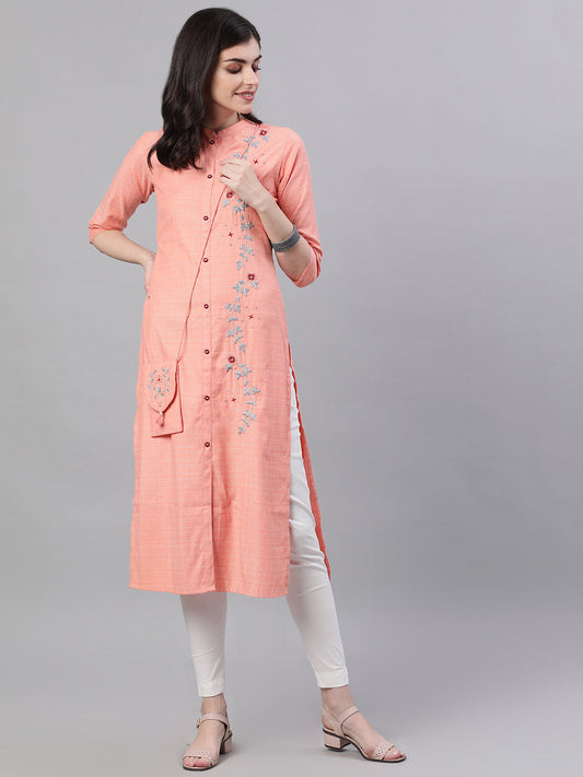 Women Peach Calf Length Three-Quarter Sleeves Straight Abstract Embroidered Viscose Rayon Kurta | LASVINI - Redefining Indian Fashion with Elegance