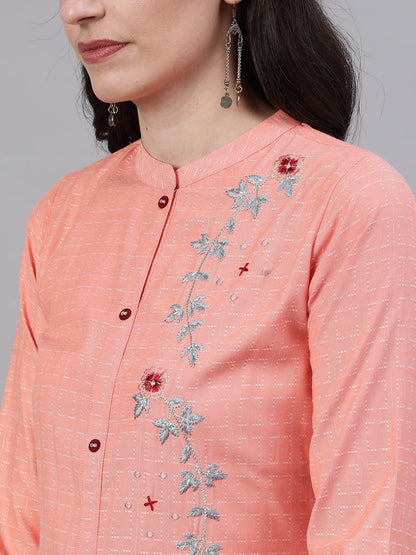 Women Peach Calf Length Three-Quarter Sleeves Straight Abstract Embroidered Viscose Rayon Kurta | LASVINI - Redefining Indian Fashion with Elegance