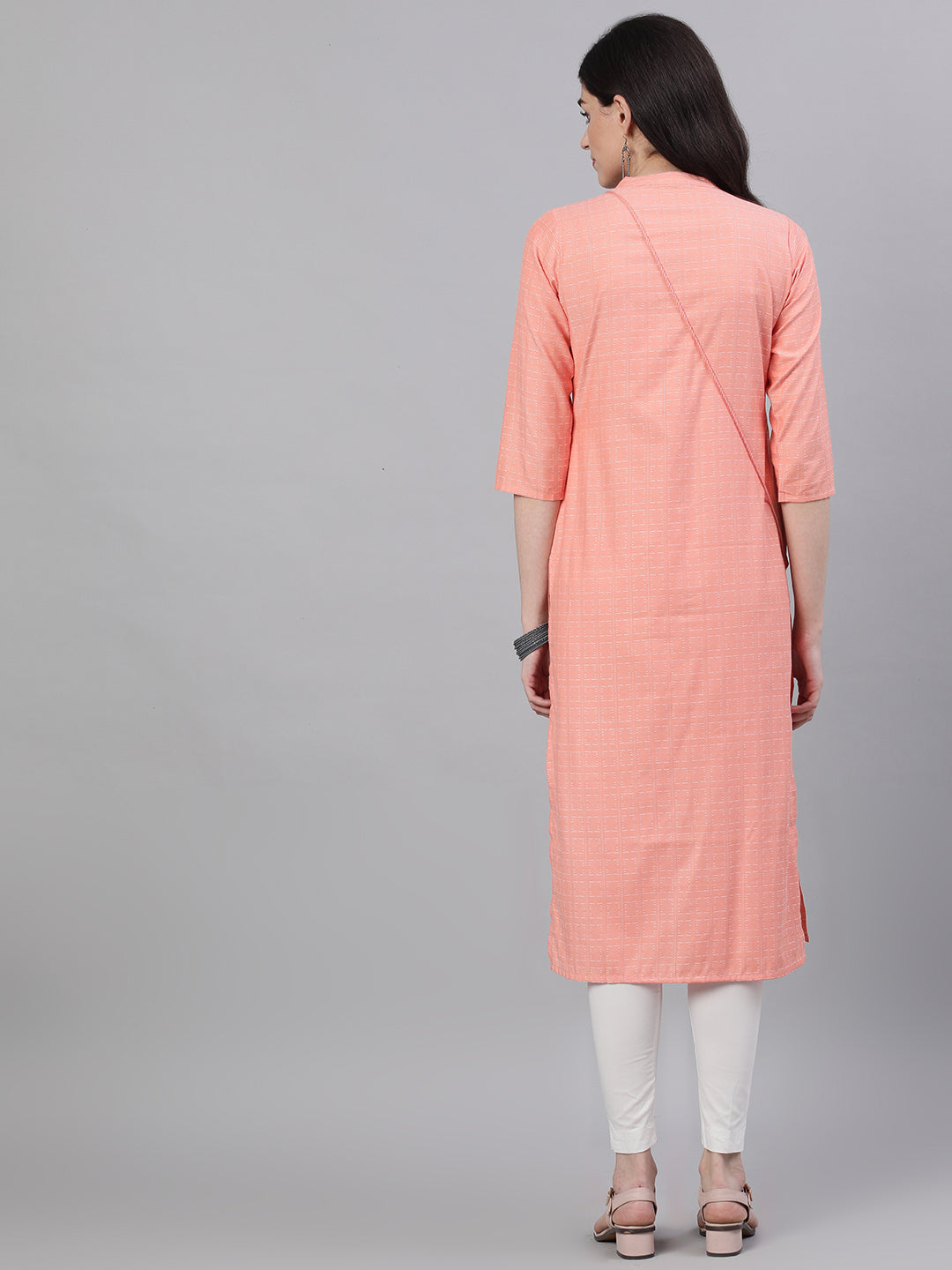 Women Peach Calf Length Three-Quarter Sleeves Straight Abstract Embroidered Viscose Rayon Kurta | LASVINI - Redefining Indian Fashion with Elegance