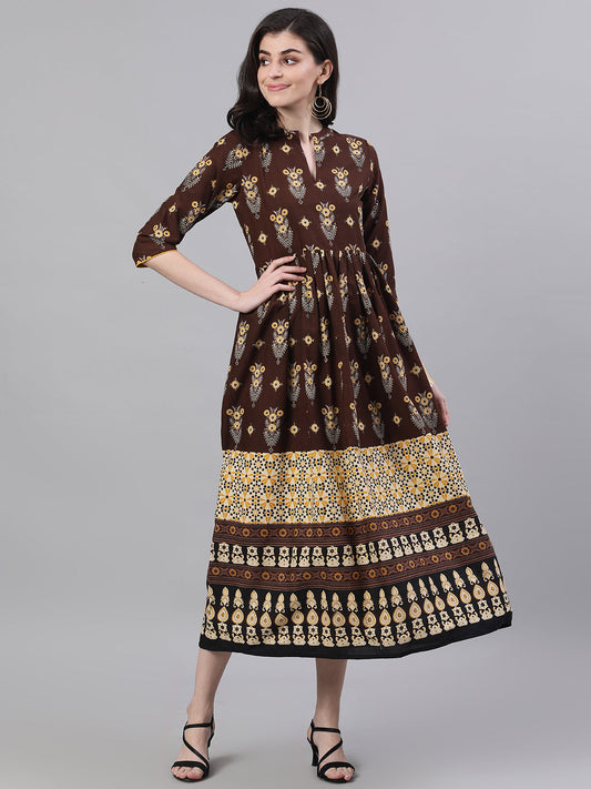 Women Brown Ethnic Motifs Printed Mandarin Collar Cotton Maxi Dress | LASVINI - Redefining Indian Fashion with Elegance