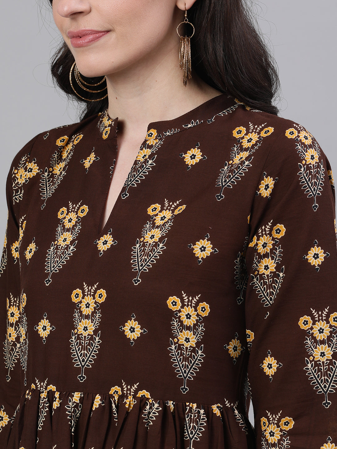 Women Brown Ethnic Motifs Printed Mandarin Collar Cotton Maxi Dress | LASVINI - Redefining Indian Fashion with Elegance