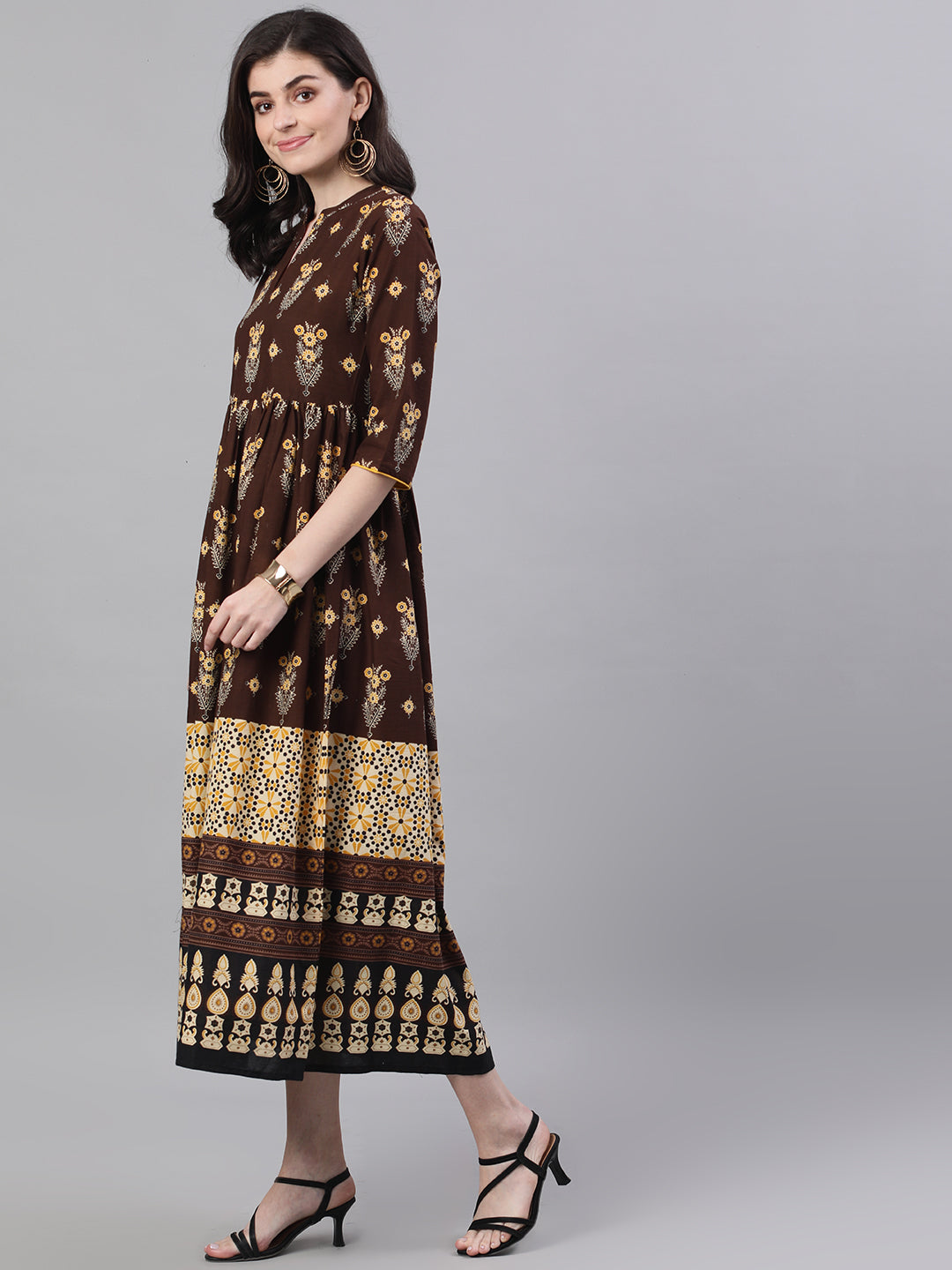 Women Brown Ethnic Motifs Printed Mandarin Collar Cotton Maxi Dress | LASVINI - Redefining Indian Fashion with Elegance