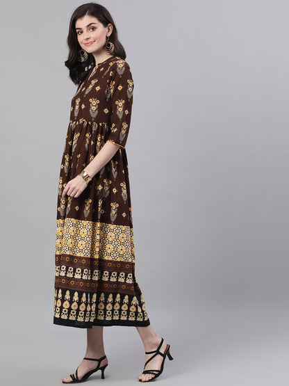 Women Brown Ethnic Motifs Printed Mandarin Collar Cotton Maxi Dress | LASVINI - Redefining Indian Fashion with Elegance