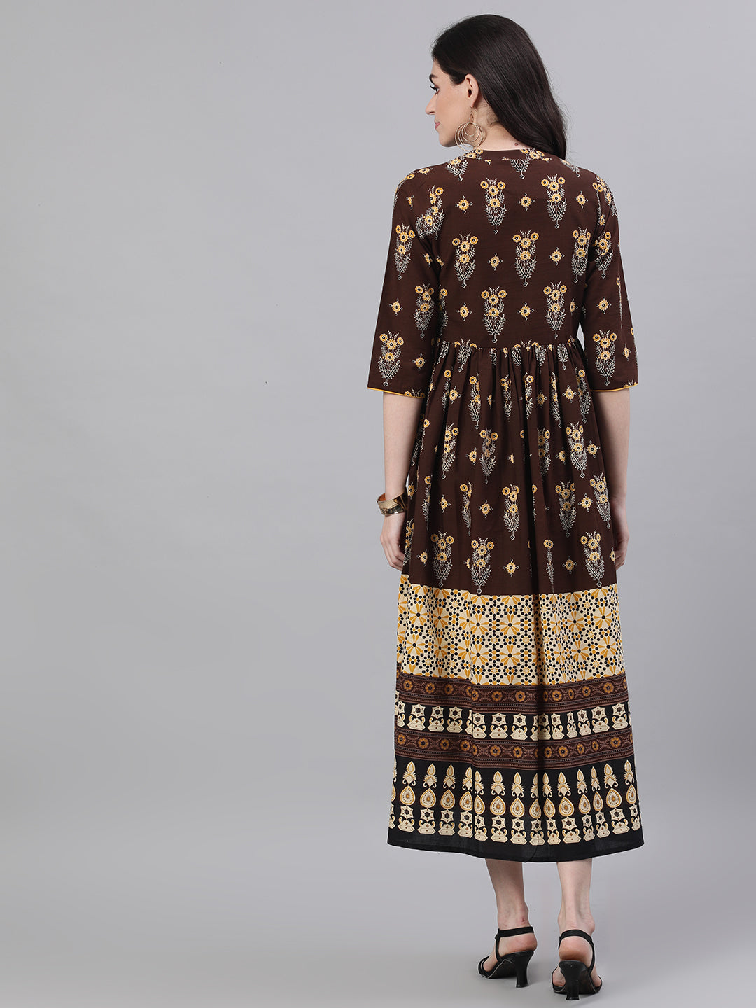 Women Brown Ethnic Motifs Printed Mandarin Collar Cotton Maxi Dress | LASVINI - Redefining Indian Fashion with Elegance
