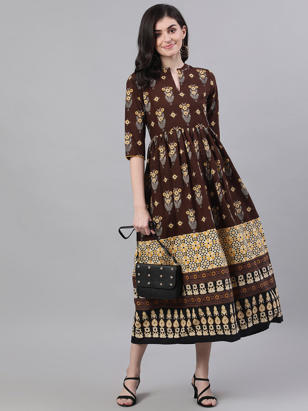 Women Brown Ethnic Motifs Printed Mandarin Collar Cotton Maxi Dress | LASVINI - Redefining Indian Fashion with Elegance