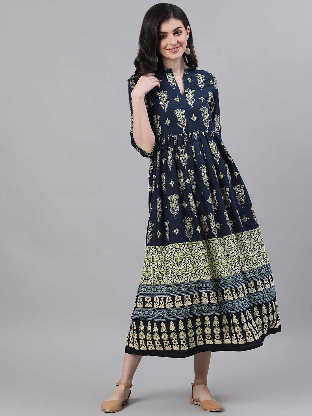 Women Navy Blue Ethnic Motifs Printed Mandarin Collar Cotton Maxi Dress | LASVINI - Redefining Indian Fashion with Elegance