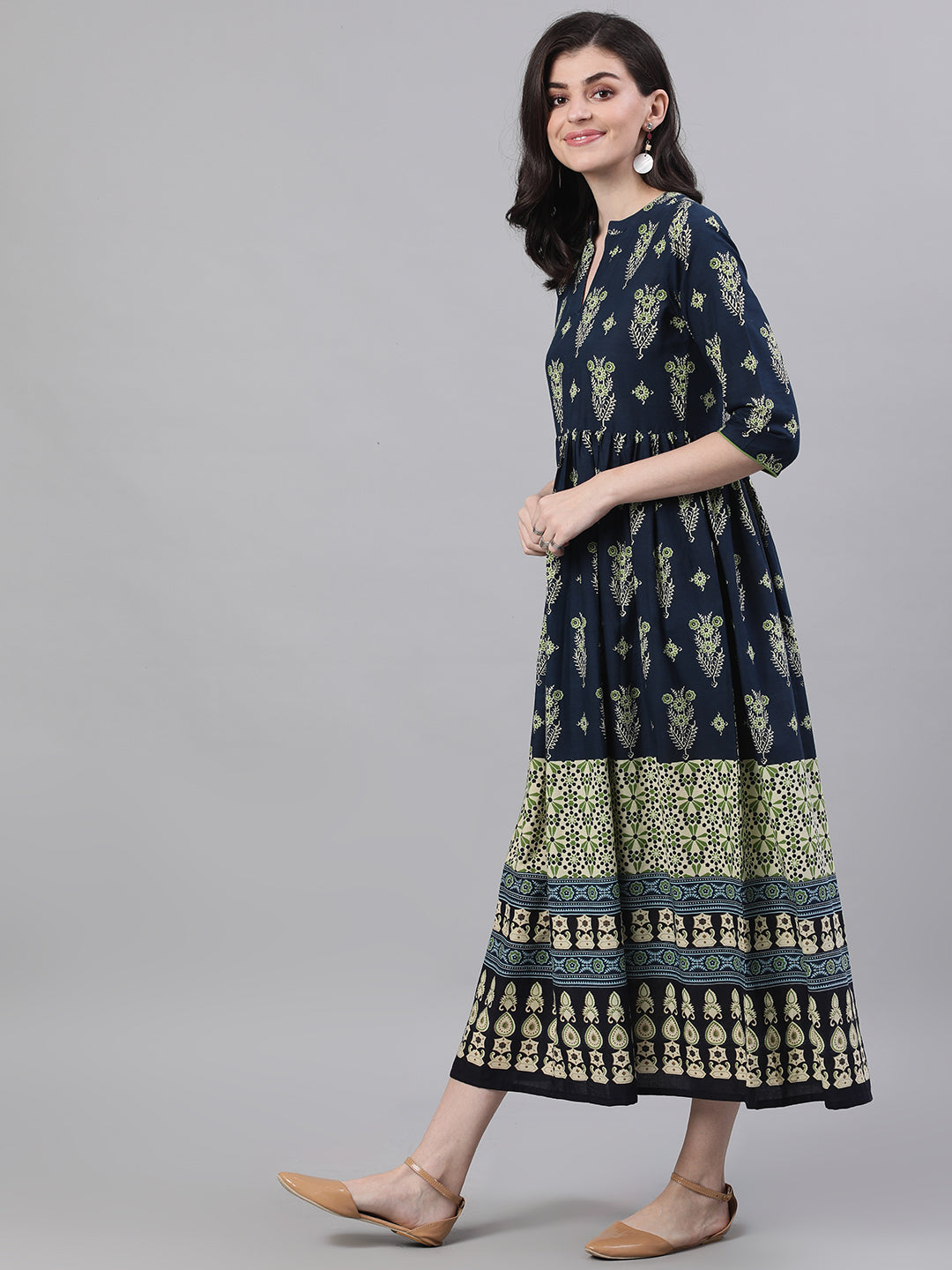 Women Navy Blue Ethnic Motifs Printed Mandarin Collar Cotton Maxi Dress | LASVINI - Redefining Indian Fashion with Elegance