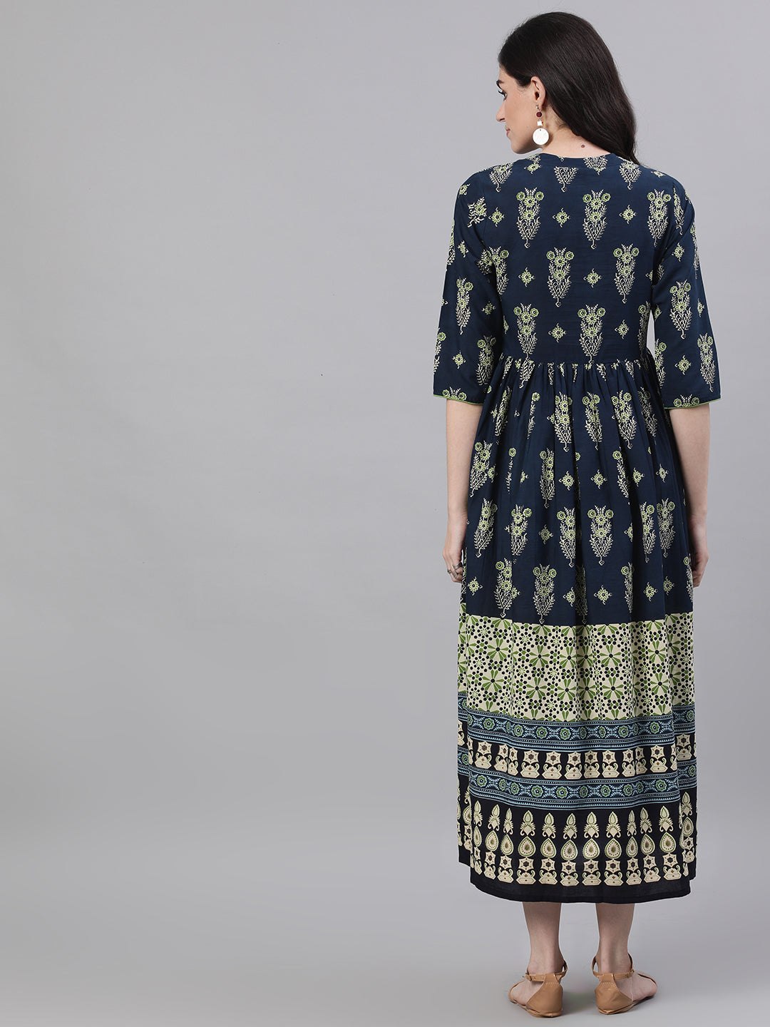 Women Navy Blue Ethnic Motifs Printed Mandarin Collar Cotton Maxi Dress | LASVINI - Redefining Indian Fashion with Elegance