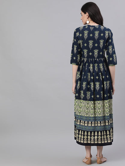 Women Navy Blue Ethnic Motifs Printed Mandarin Collar Cotton Maxi Dress | LASVINI - Redefining Indian Fashion with Elegance