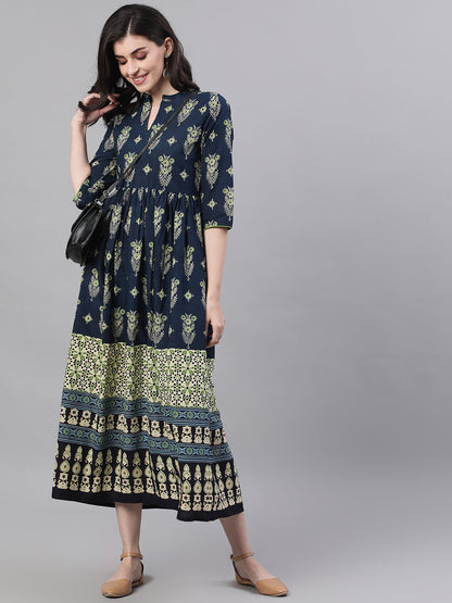Women Navy Blue Ethnic Motifs Printed Mandarin Collar Cotton Maxi Dress | LASVINI - Redefining Indian Fashion with Elegance