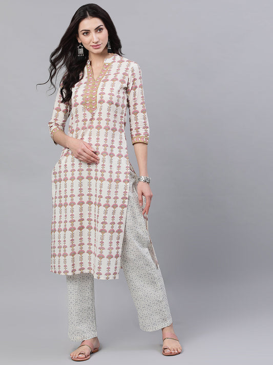 Women Off White Three-Quarter Sleeves Straight Kurta And Palazzo Set | LASVINI - Redefining Indian Fashion with Elegance