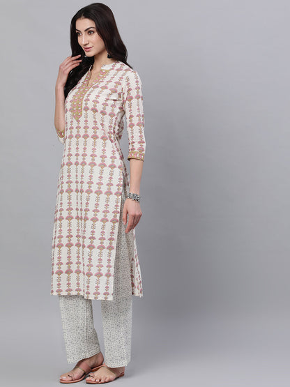 Women Off White Three-Quarter Sleeves Straight Kurta And Palazzo Set | LASVINI - Redefining Indian Fashion with Elegance