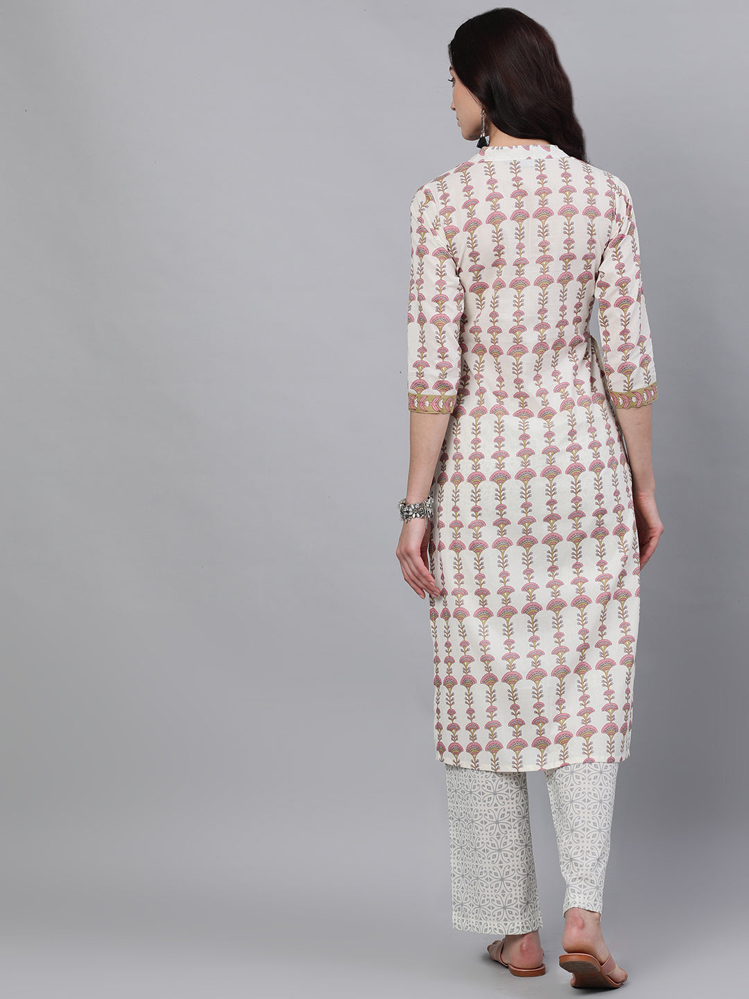Women Off White Three-Quarter Sleeves Straight Kurta And Palazzo Set | LASVINI - Redefining Indian Fashion with Elegance