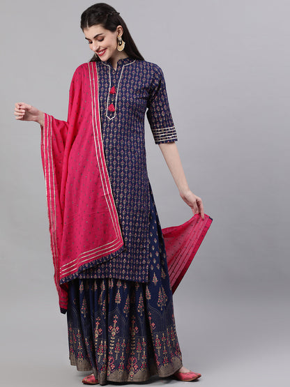 Women Navy Blue Three-Quarter Sleeves Straight Kurta Skirt With Dupatta | LASVINI - Redefining Indian Fashion with Elegance
