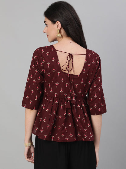 Women Wine Elbow Sleeves Printed A Line Top With Face Mask | LASVINI - Redefining Indian Fashion with Elegance