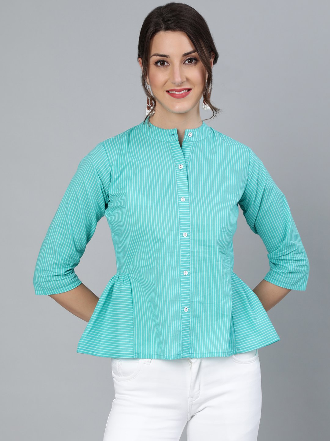 Women Blue Stripped Top With Round Neck & Three Quarter Sleeves | LASVINI - Redefining Indian Fashion with Elegance
