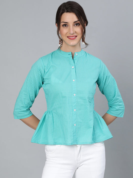 Women Blue Stripped Top With Round Neck & Three Quarter Sleeves | LASVINI - Redefining Indian Fashion with Elegance