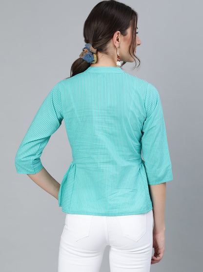 Women Blue Stripped Top With Round Neck & Three Quarter Sleeves | LASVINI - Redefining Indian Fashion with Elegance