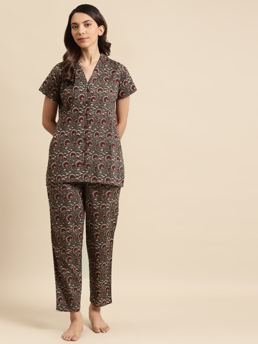 Womens Taupe & Maroon Printed Night Suit | LASVINI - Redefining Indian Fashion with Elegance