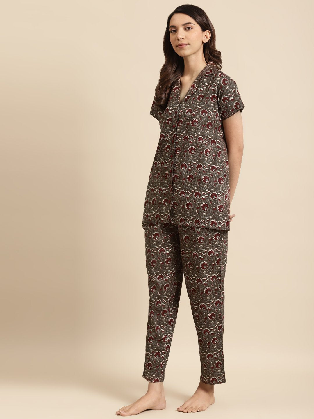 Womens Taupe & Maroon Printed Night Suit | LASVINI - Redefining Indian Fashion with Elegance