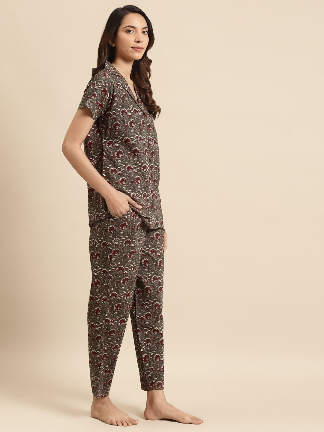 Womens Taupe & Maroon Printed Night Suit | LASVINI - Redefining Indian Fashion with Elegance
