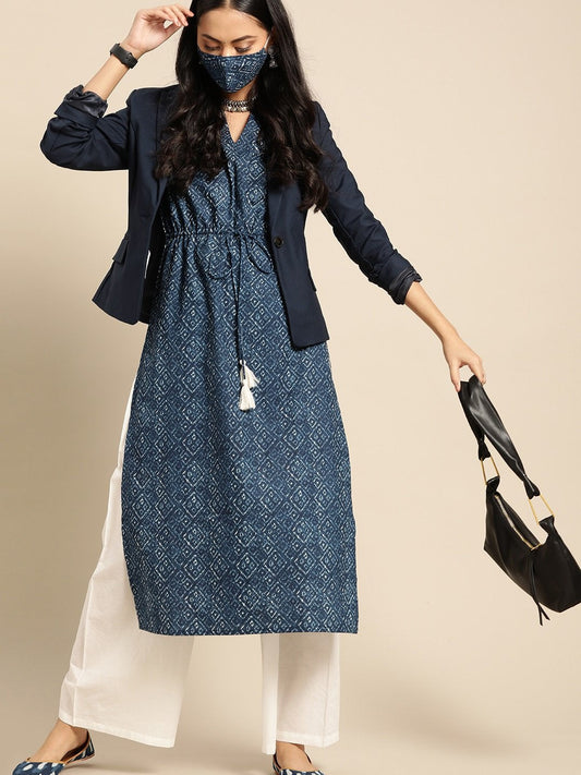 Women Indigo Three-Quarter Sleeves Straight Kurta With Cream Palazzo | LASVINI - Redefining Indian Fashion with Elegance