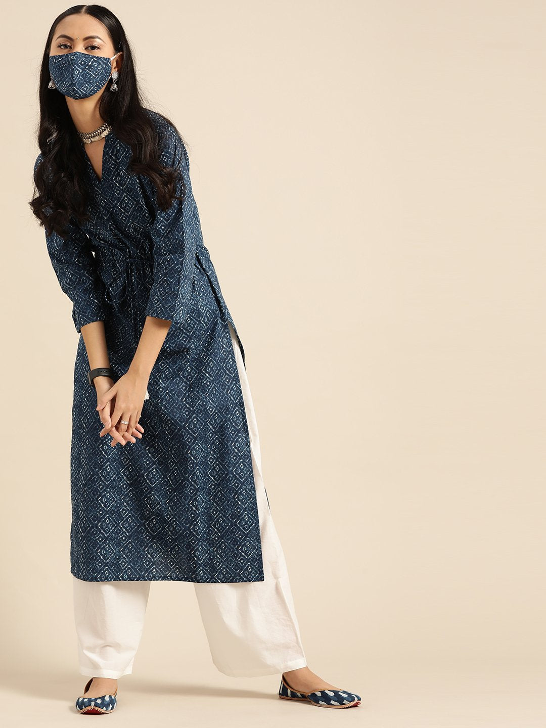 Women Indigo Three-Quarter Sleeves Straight Kurta With Cream Palazzo | LASVINI - Redefining Indian Fashion with Elegance