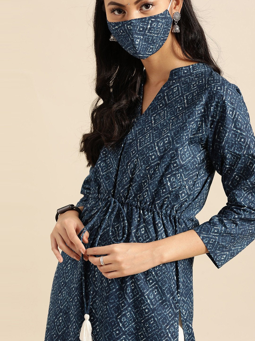 Women Indigo Three-Quarter Sleeves Straight Kurta With Cream Palazzo | LASVINI - Redefining Indian Fashion with Elegance