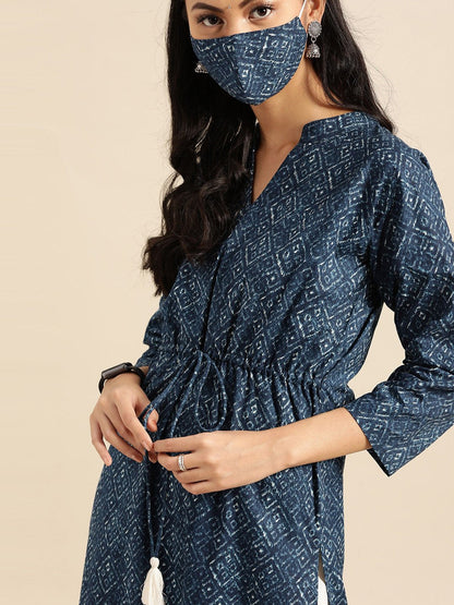 Women Indigo Three-Quarter Sleeves Straight Kurta With Cream Palazzo | LASVINI - Redefining Indian Fashion with Elegance