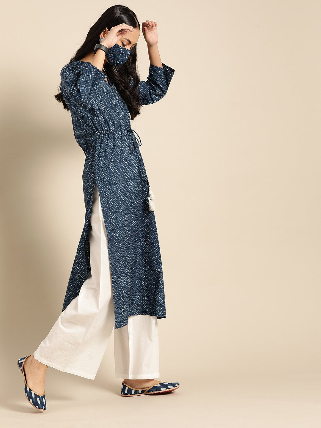 Women Indigo Three-Quarter Sleeves Straight Kurta With Cream Palazzo | LASVINI - Redefining Indian Fashion with Elegance