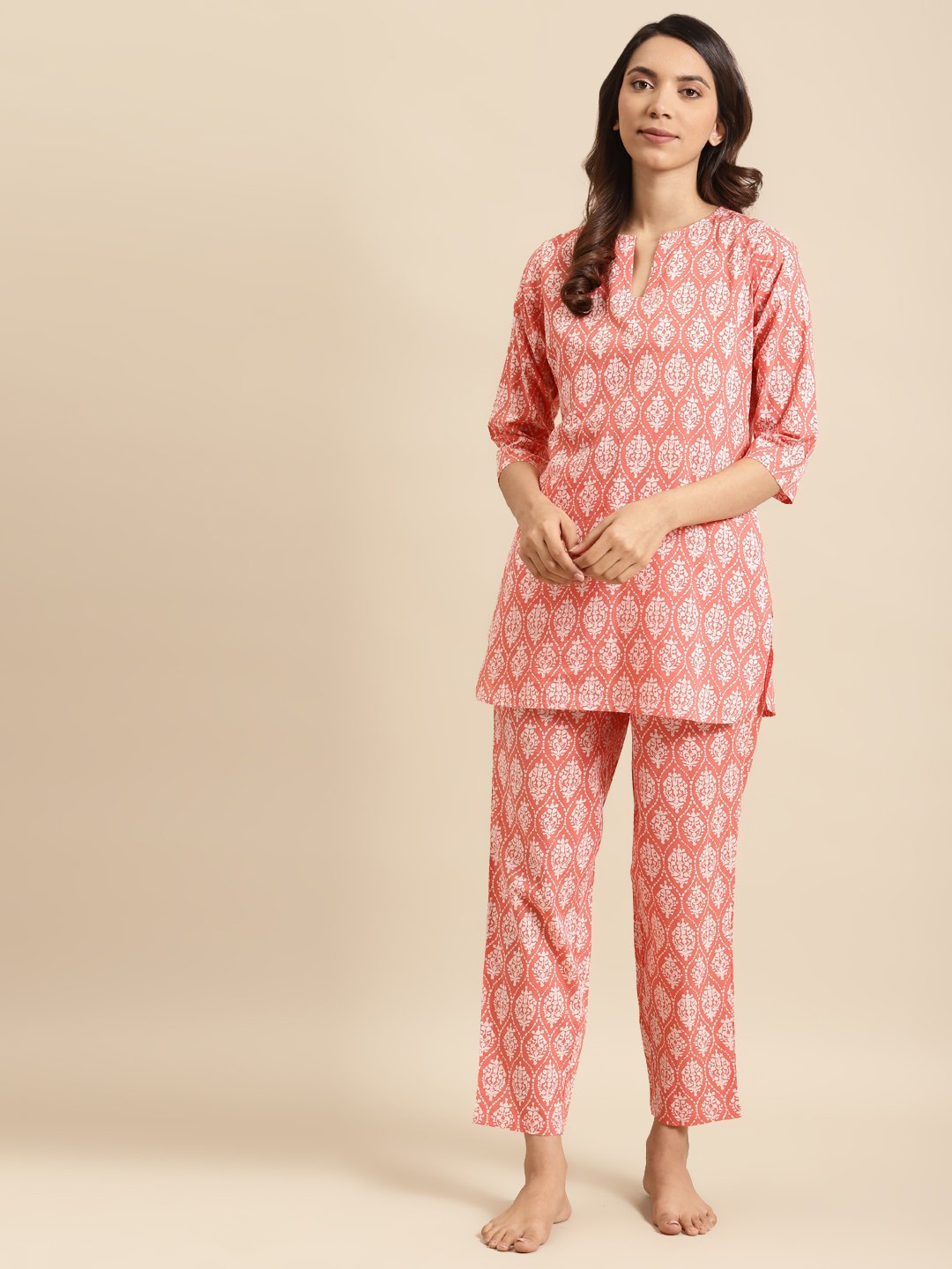 Womens Peach & Off White Printed Night Suit | LASVINI - Redefining Indian Fashion with Elegance