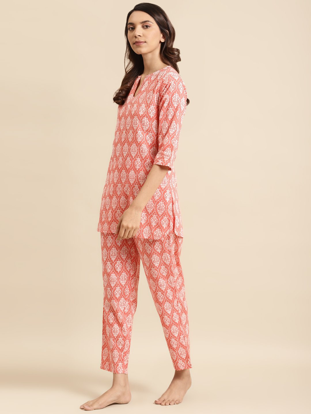 Womens Peach & Off White Printed Night Suit | LASVINI - Redefining Indian Fashion with Elegance